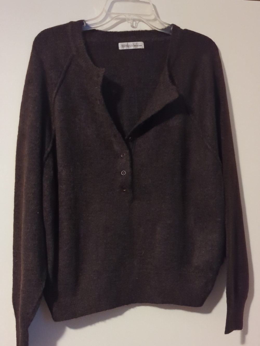 Zenana Outfitters Dark Brown V-Neck Button Pullover Sweater